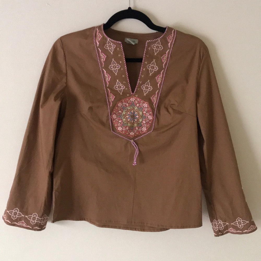 Brown Embroidered Bell Sleeved Peasant Top
